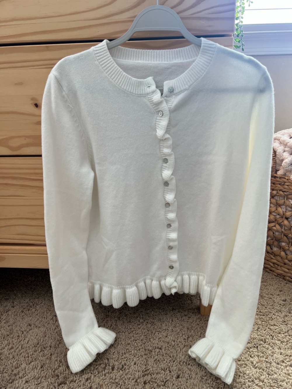 White Ruffle Trim Button-Up Cardigan